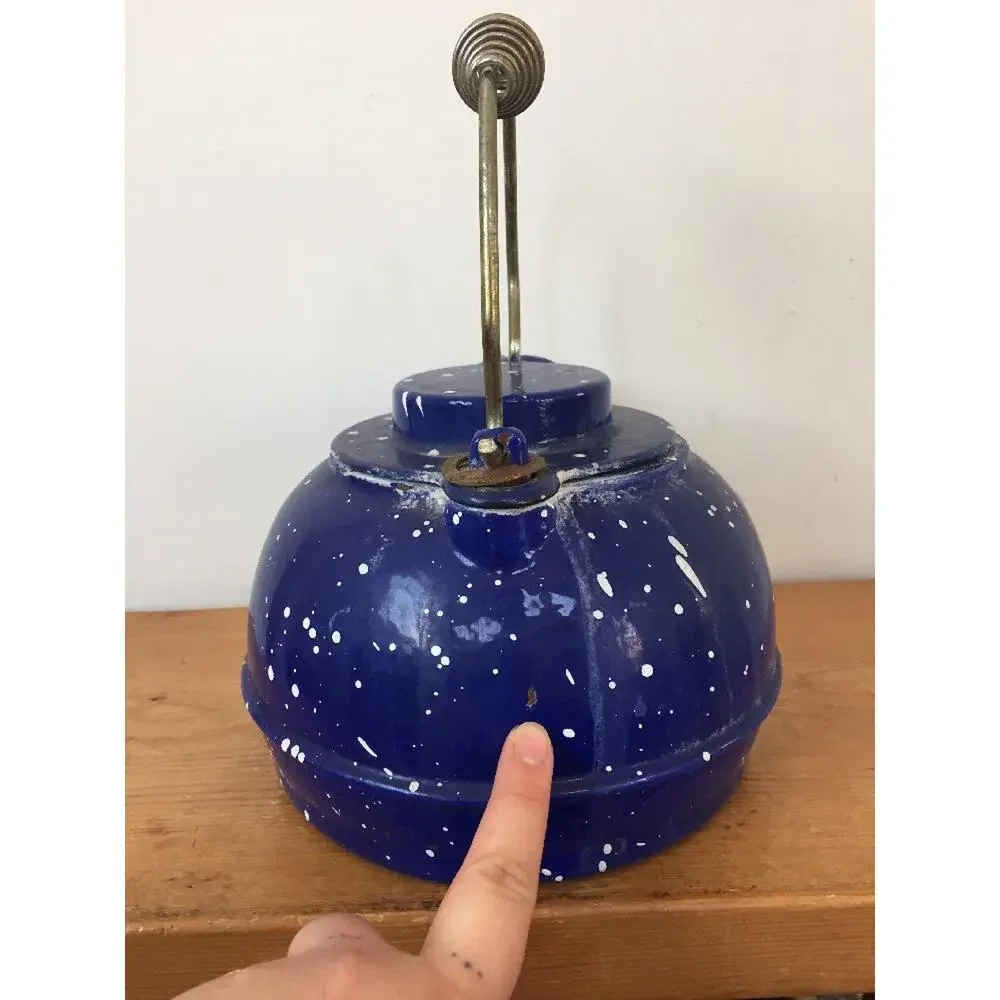 Vtg Cast Iron Blue Enamel Speckleware Wood Stove Top Heavy Duty Water Kettle